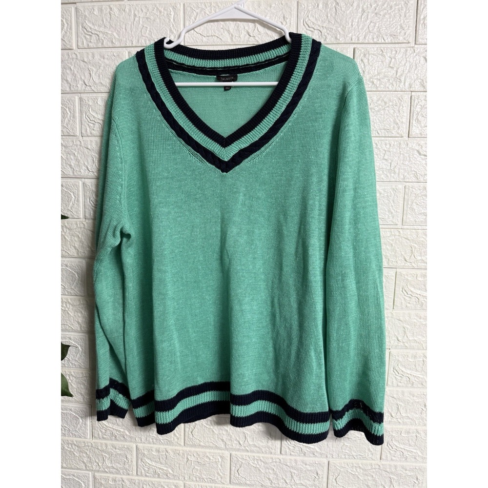 Talbots Womens Green/Blue 100% Linen Varsity Stripe V-Neck Sweater XL